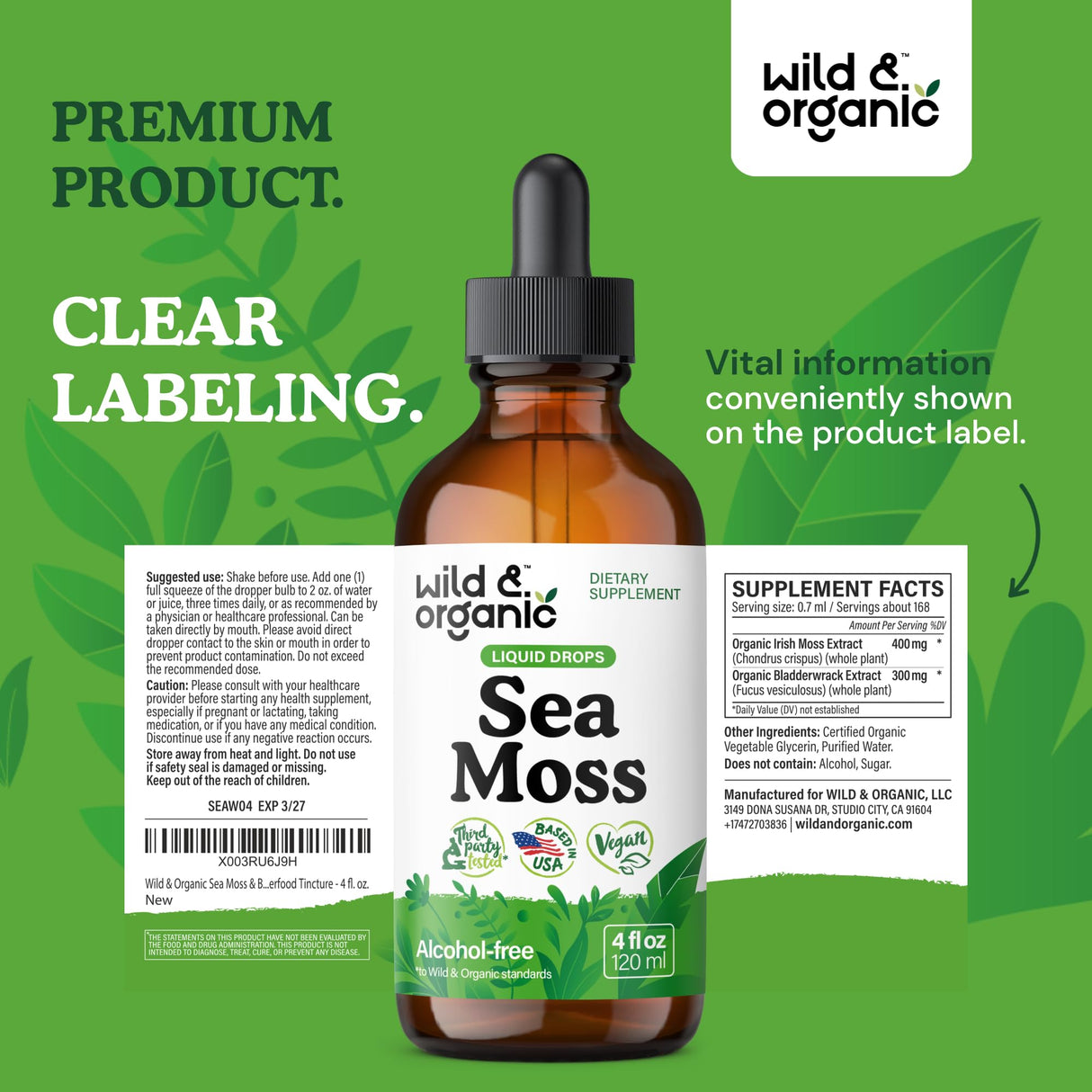 Wild & Organic Sea Moss Drops - Overall Support with Irish Seamoss and Bladderwrack - Multimineral Chondrus Crispus Tincture - Vegan, Sugar & Alcohol-Free Liquid Supplement - 4 fl oz