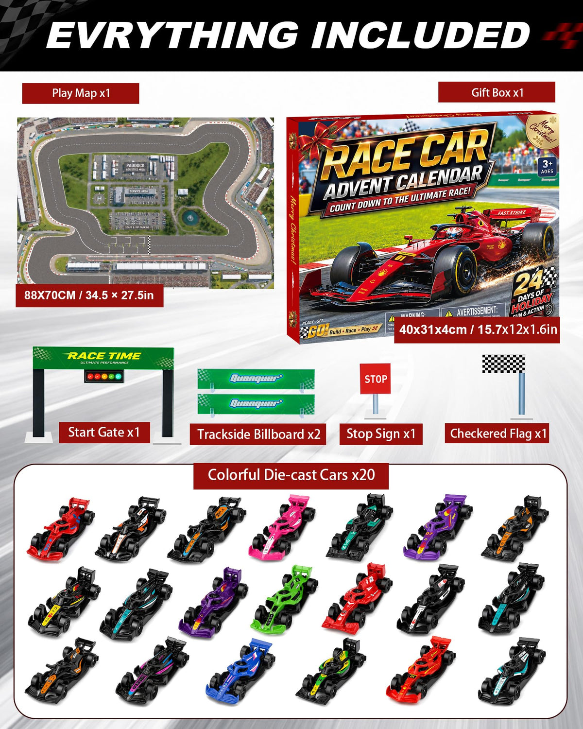 Racing Cars Advent Calendar 2026 for Kids Boys,1:64 Collectible Die-Cast Set, 1:64 Scale 20 Die-Cast Cars, Multi-Team Designs, 4 Racing Track Accessories & Play Map, For Race Fans & Collectors