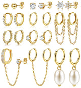 HAIAISO 10 Pairs Small Gold Huggie Hoop Earrings for Women Lightweight Double Piercing Chain Earrings 14K Gold Plated Dainty Ball Stud Earrings Hypoallergenic Gold Earring Set