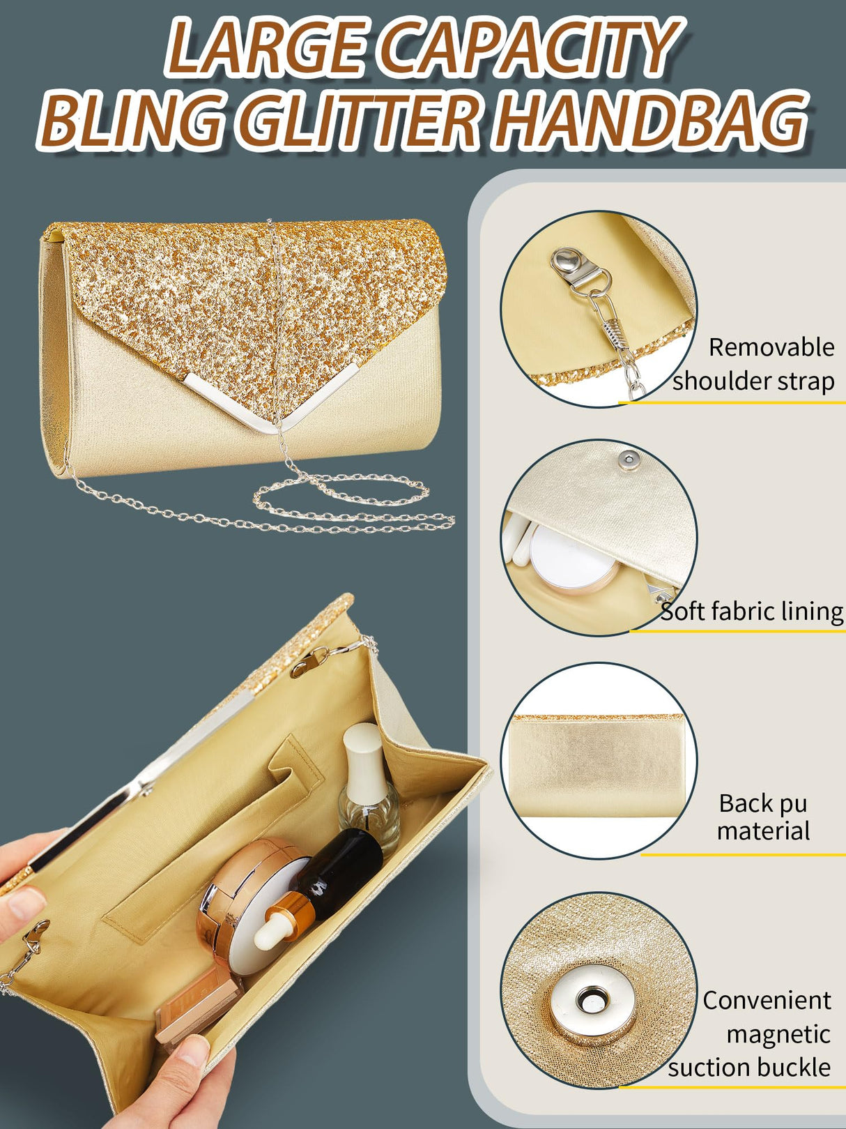 Henoyso 5 Pcs Rhinestone Jewelry Sets Prom Purse for Women, Gold