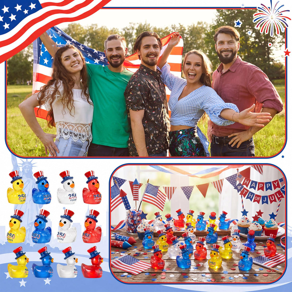 Skylety 96 Pcs 250th Anniversary Patriotic Resin Ducks USA 4th of July Independence Day Party Decor Luminous Duck Figure Garden Potted Miniature Cake Decor Craft Charms Collector Veteran Souvenir