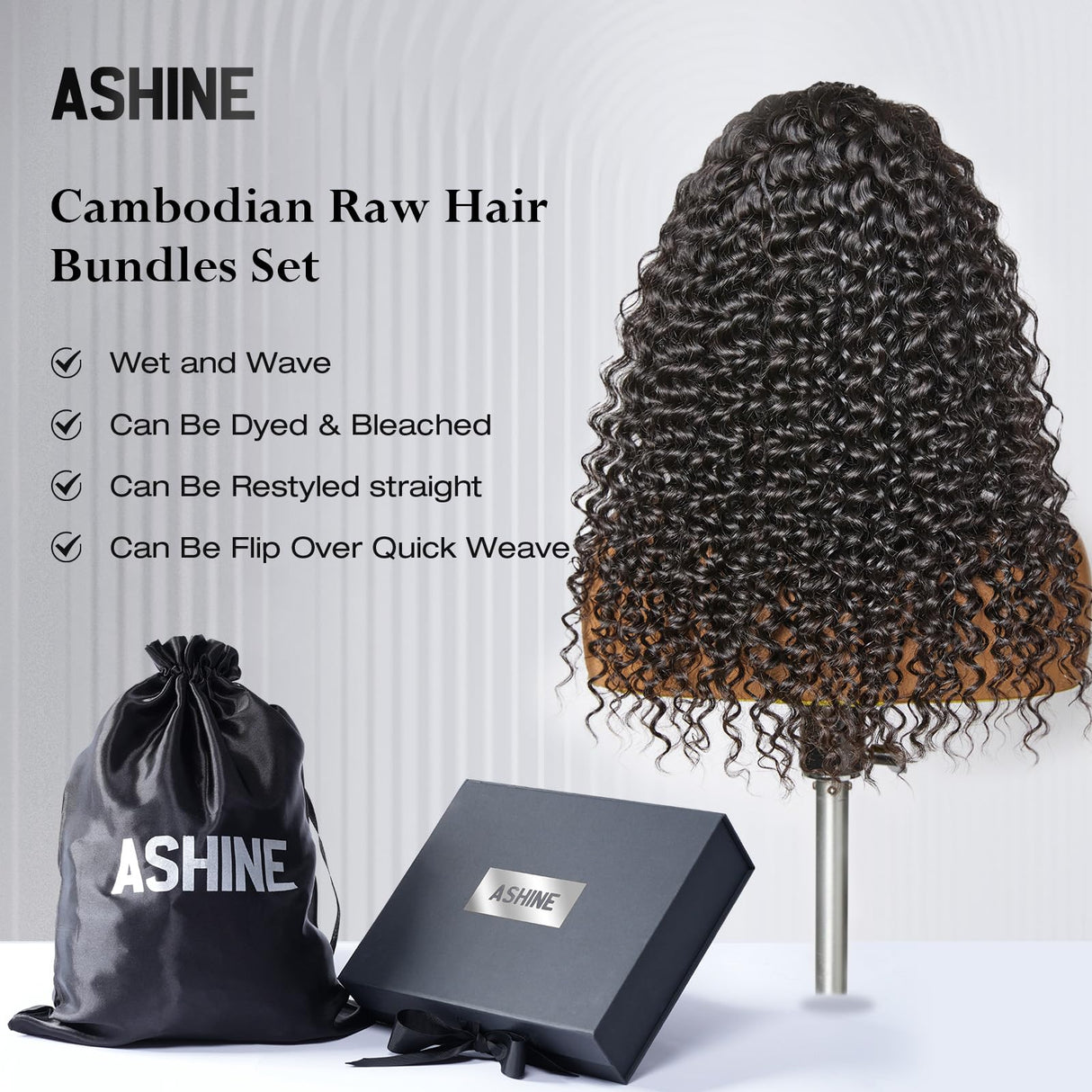 ASHINE Human Hair Bundles Deep Wave Unprocessed Cambodian Raw Hair 16 18 20 Inch, Flip Over Quick Weave Wet and Wave Bundles for Women Natural Black