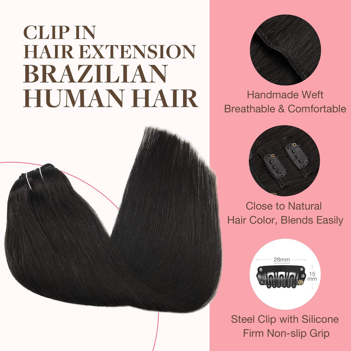 GOO GOO Clip in Hair Extensions Real Human Hair, Remy Human Hair Extensions Clip ins for Women, Natural Human Hair, 16inch 120g 7Pcs, 1B Natural black