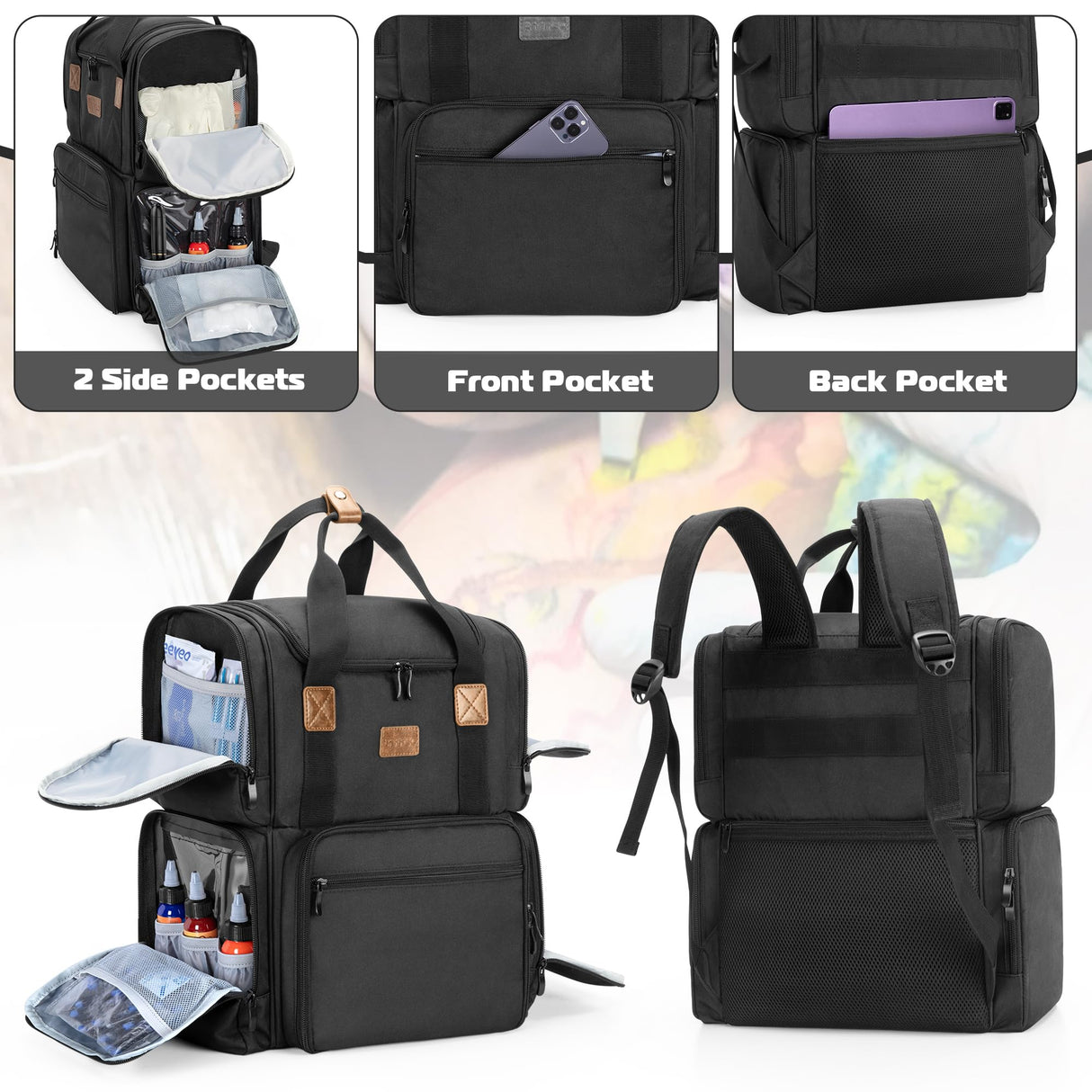 BAFASO Tattoo Backpack with 3 Inner Removable Pouches, Tattoo Case Holds Tattoo Stencil Printer and Tattoo Supplies (Bag Only), Black