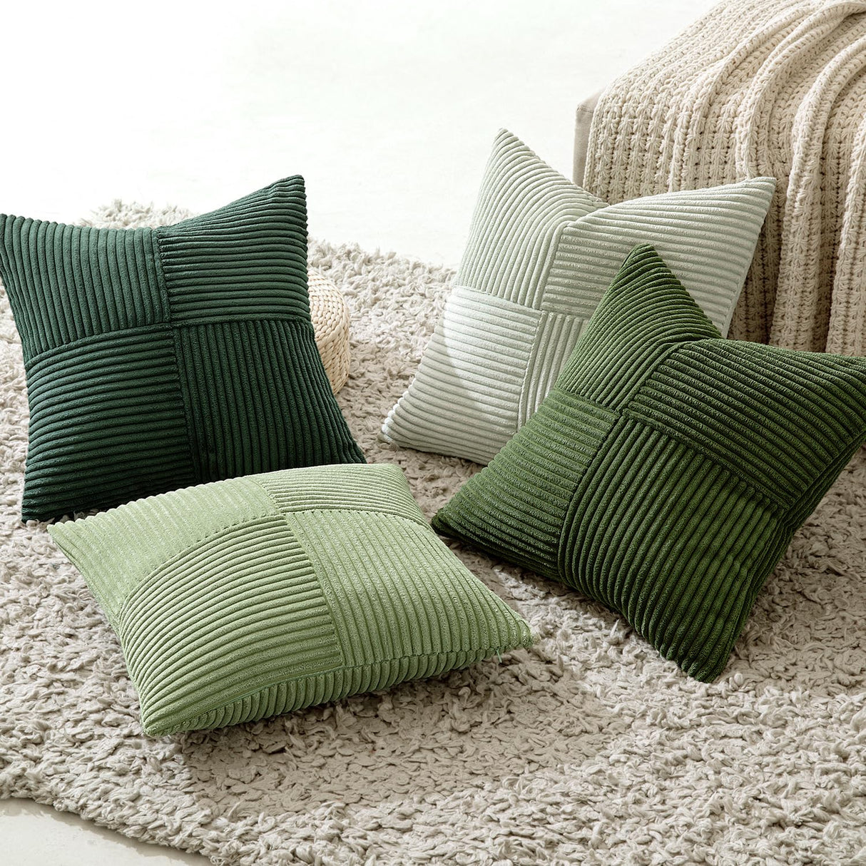 MIULEE Christmas Green Decorative Throw Pillow Covers 20x20 Inch Set of 4 Boho Farmhouse Cushion Covers Mordern Nordic Pillow Cases Soft Corduroy Gradient Home Decor for Couch Sofa Living Room Bed