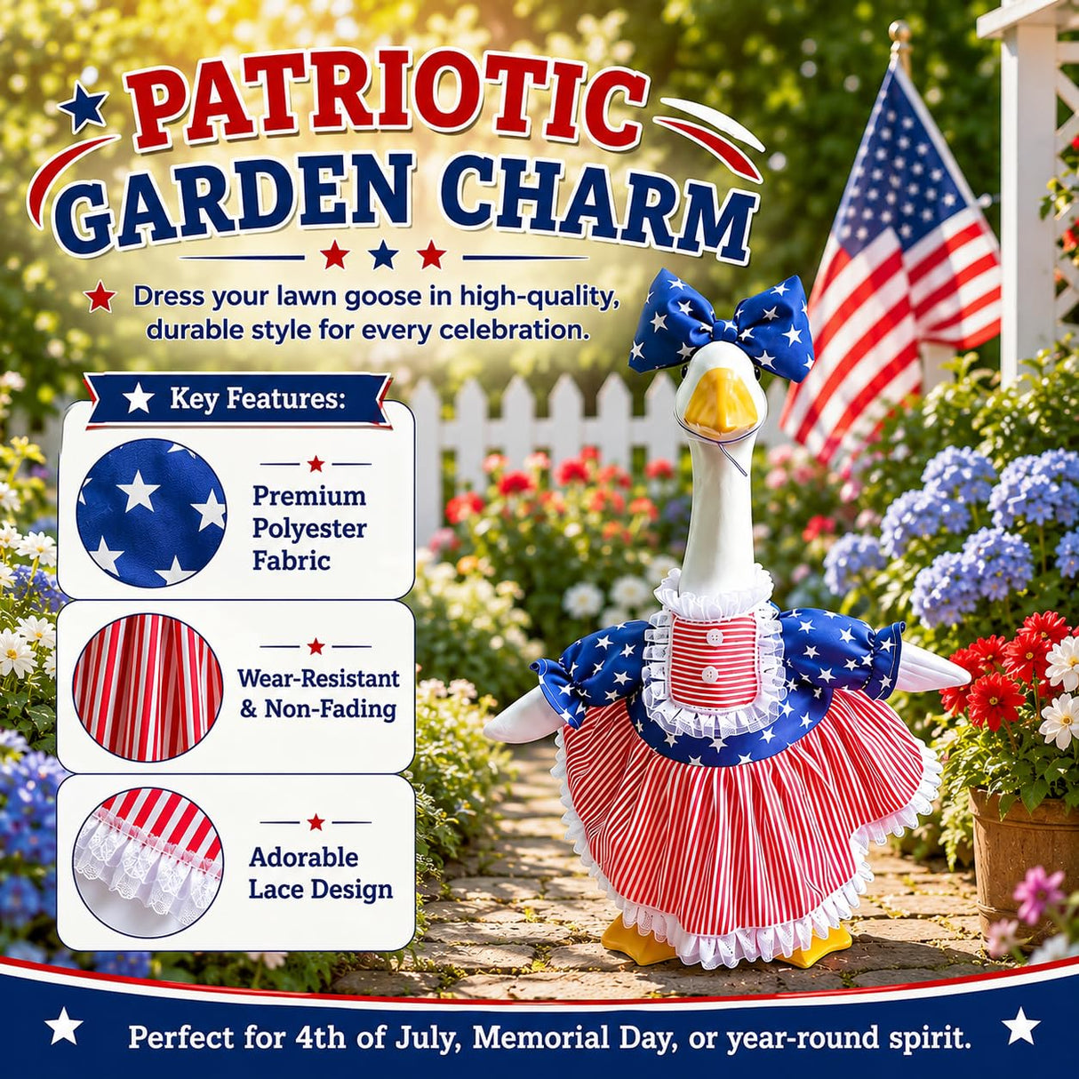 Mysense 4th of July Porch Goose Outfit for 23 Inch Goose Statue, Patriotic Red White Blue Goose Clothes with Bow for Outdoor Garden Patio Decor, USA 250th Anniversary Merchandise