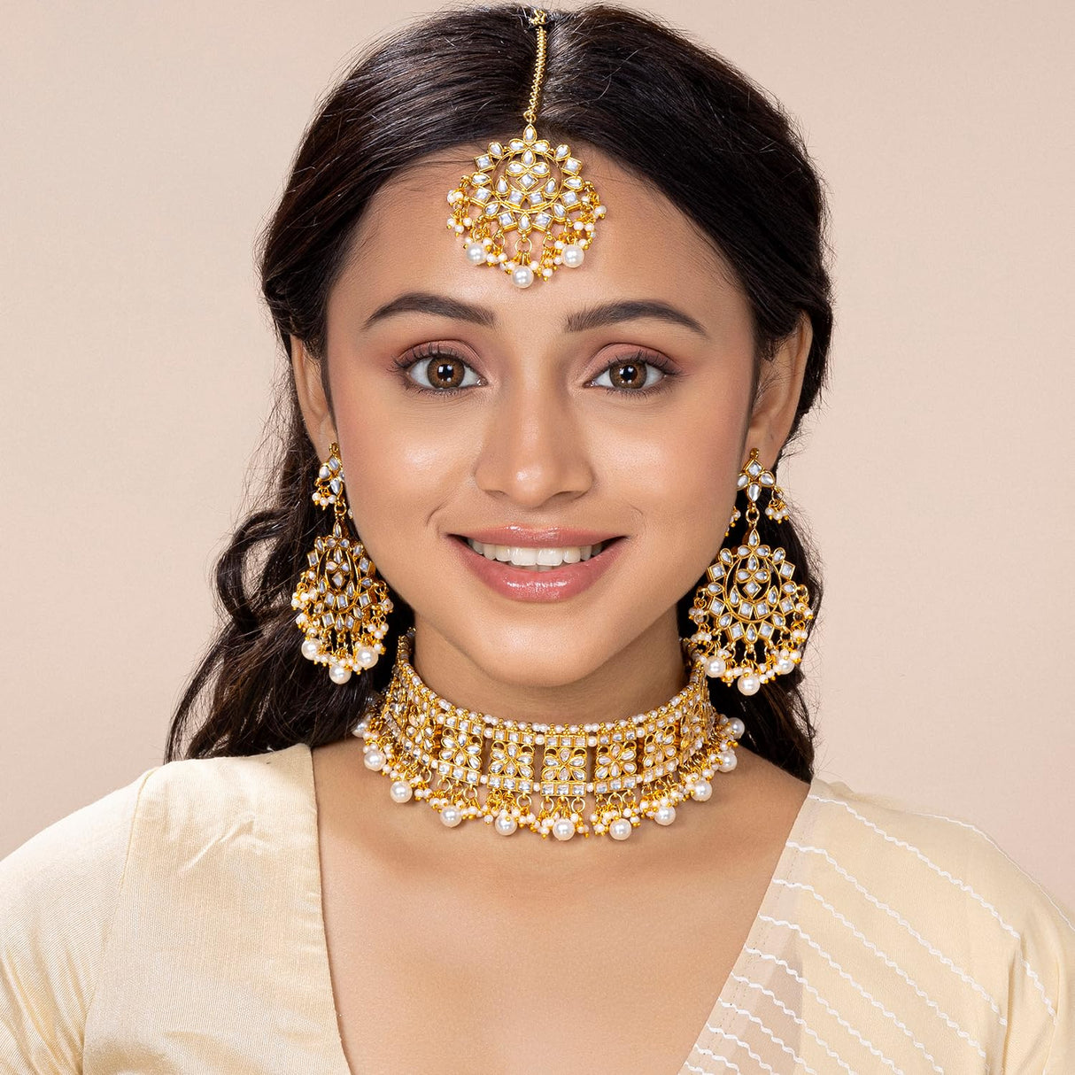 Aheli Indian Faux Kundan Studded Choker Necklace with Maang Tikka Earrings Ethnic Wedding Festive Fashion Bharatanatyam jewellery set Gift for Women