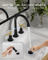 FORIOUS 8 Inch Widespread Bathroom Faucet Black and Gold, 2 Handle Mix Color Rv Matte Black and Brushed Gold Bathroom Sink Faucet 3 Hole, with 360° Rotating Spout, Pop-up Drain, and Supply Line