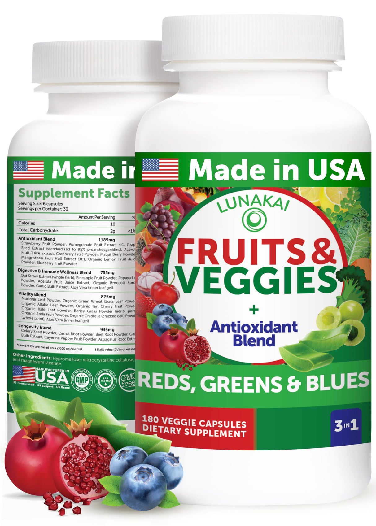 Lunakai USA Made Superfood Fruits & Veggies Supplement - All-in-One with 4 Blends & Scented Capsules, 180ct Super Veggie Capsules for Adults