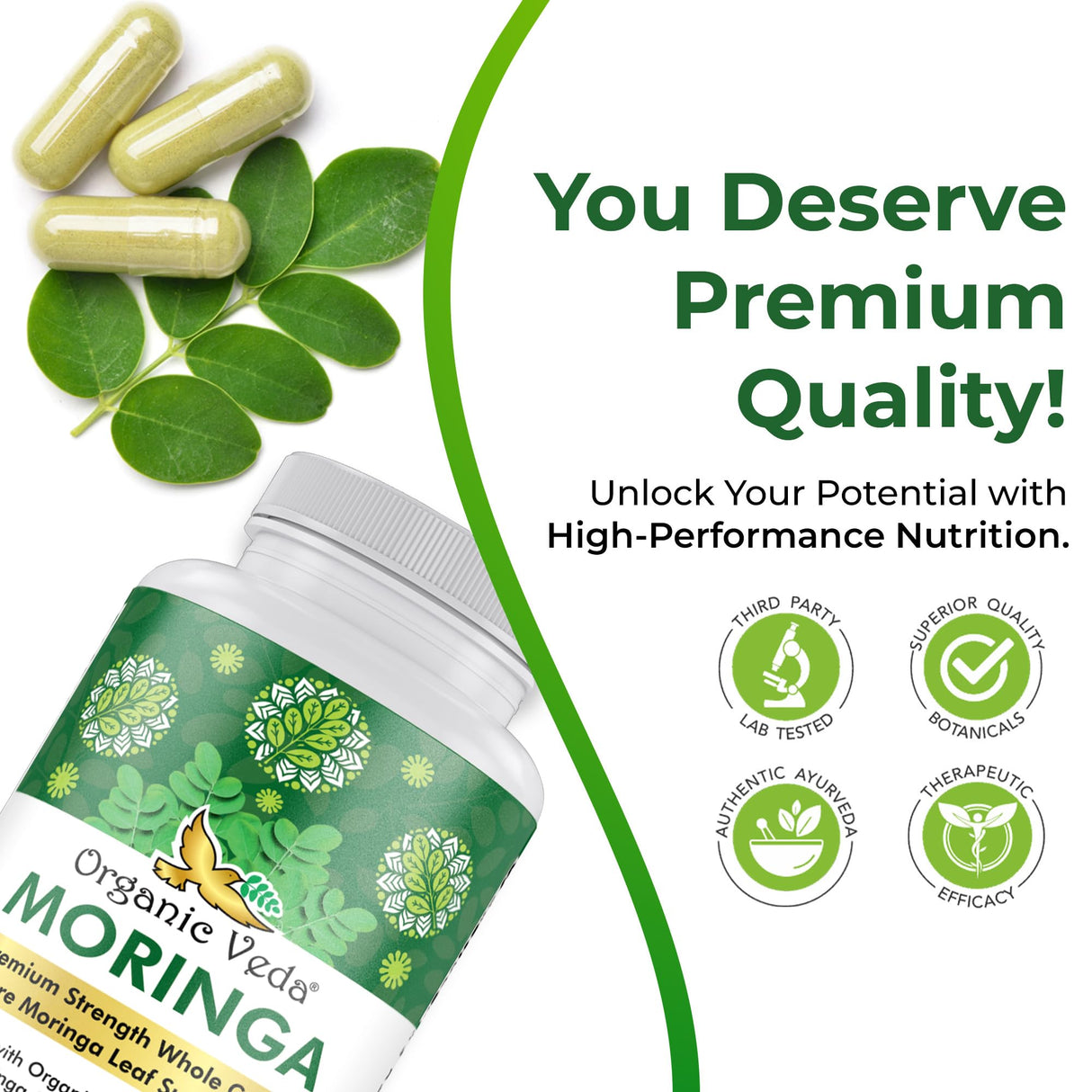 Organic Veda Moringa Leaf Powder Capsules, 1000mg, 360 Count - True Green Native Organic Moringa Oleifera, Premium Strength Nutrient Dense 100% Pure Leaves - Energy, Sleep & Immunity Support - Vegan