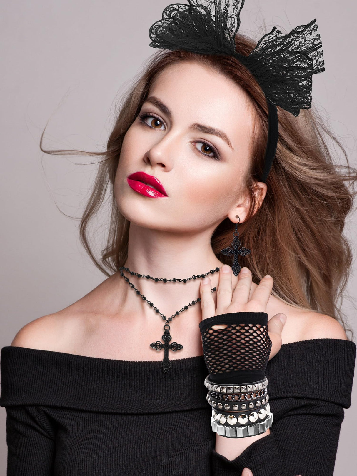Ecation 7 Pcs 80s Women Costume Accessories Halloween Leather Punk Bracelet Black Cross Necklace Lace Headband Fishnet Glove(Classic Style)