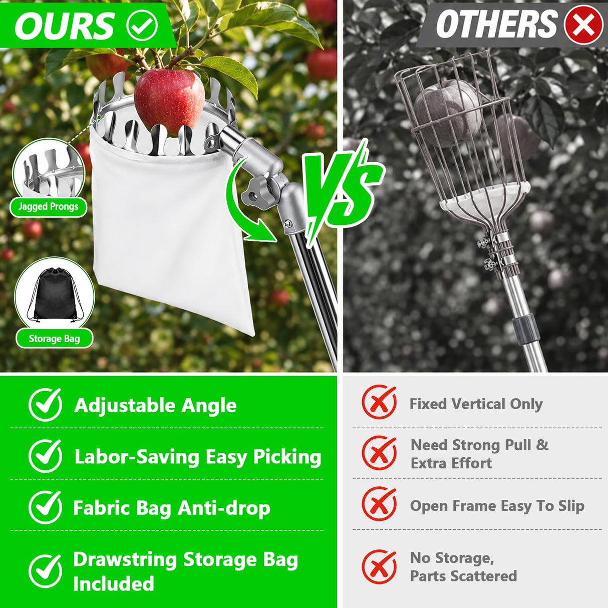 Dreamtop Fruit Picker Pole with Rotatable Basket Telescoping - 13 FT Adjustable Pole with Soft Bag, Lightweight Stainless Steel Fruit Picking Tool for Cherry, Apple, Mango, Orange, Avocado Tree Picker