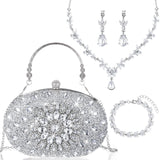 Quelay 4 Pcs Purse Rhinestone Jewelry Set for Wedding Bridal Women Evening Clutch Bag Necklace Dangle Earrings Bracelets(Silver,Stylish Style)