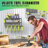 SUNALLY Power Tool Organizer, Heavy Duty Iron, 3 Layers Storage Rack with 4 Drill Holders, Floating Tool Shelf Wall Mounted, Matte Black, Work Shop, Garage, 150Lbs Load Capacity