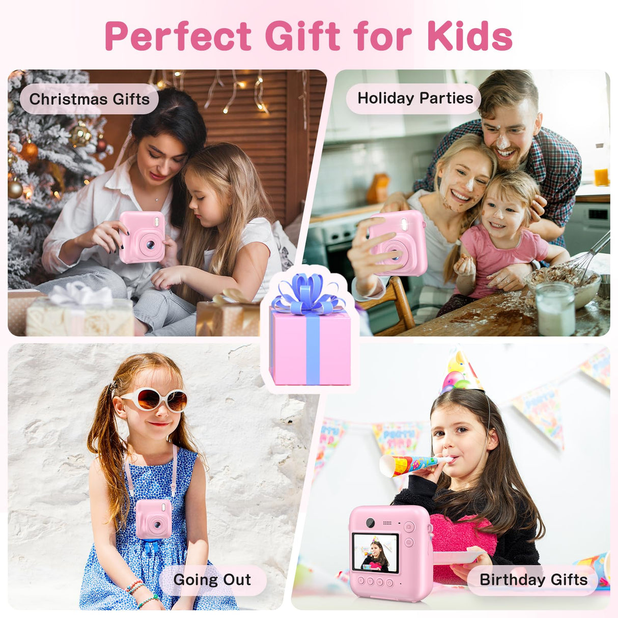Kids Camera Instant Print, Dual-Lens 48MP Digital Camera for Christmas Birthday Gifts, 1080P Selfie Instant Cameras for Kids with 32GB Card, Instant Print Digital Camera for Girls Boys-Pink