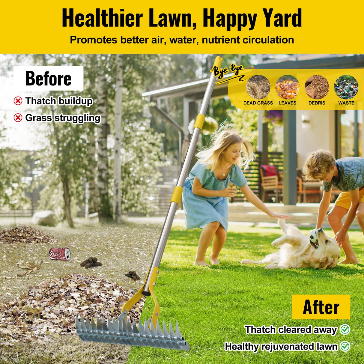 Thatch Rake, 2 in 1 Stainless Steel Garden Rake for Thatch Leaves,55” Heavy Duty 19 Tines Lawn Manual Dethatcher with Adjustable Head,Thatching Rakes for Lawn Yard Grass,Debris Removal, Soil Loosen