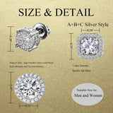 Stud Earrings for Men,18K White Gold Plated Round Square Cubic Zirconia Hypoallergenic Studs Earrings Set for Women (3 Pairs-A+B+C Silver)