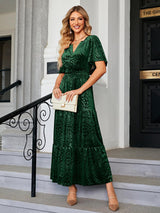 Amegoya Velvet Dress for Women Formal Winter Wedding Guest Dress Short Sleeve V Neck Semi Formal Party Christmas Dresses（Emerald Green L）