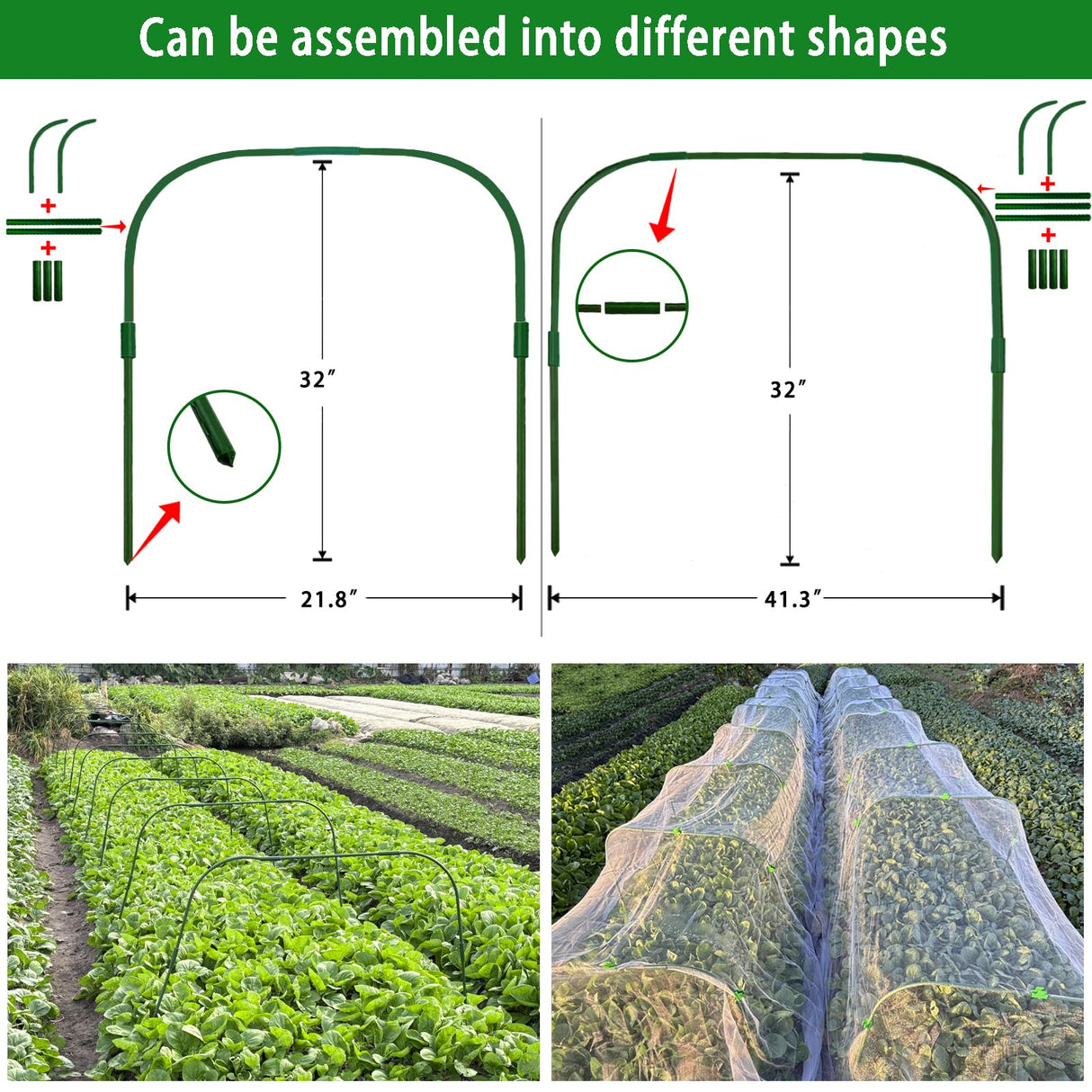 10 Sets 41.3"x32" Greenhouse Hoops Grow Tunnel for Raised Beds,Durable Rust-Free Removable Row Cover Hoops for Garden Netting DIY Kits with 30 Clips,Garden Hoops for Outdoor Vegetables Climbing Plant