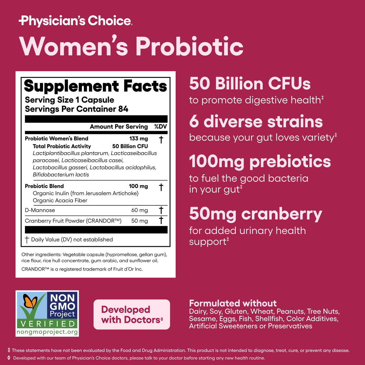 Physician's Choice Probiotics for Women - PH Balance, Digestive, UT, & Feminine Health - 50 Billion CFU - 6 Unique Strains for Women - Organic Prebiotics, Cranberry Extract+ - Womens Probiotic - 84 CT