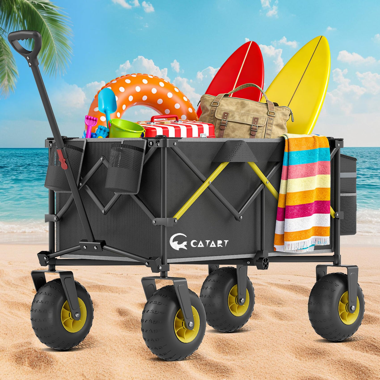 CAtArt Beach Wagon with Big Wheels for Sand, 400LBS Foldable Wagons Carts