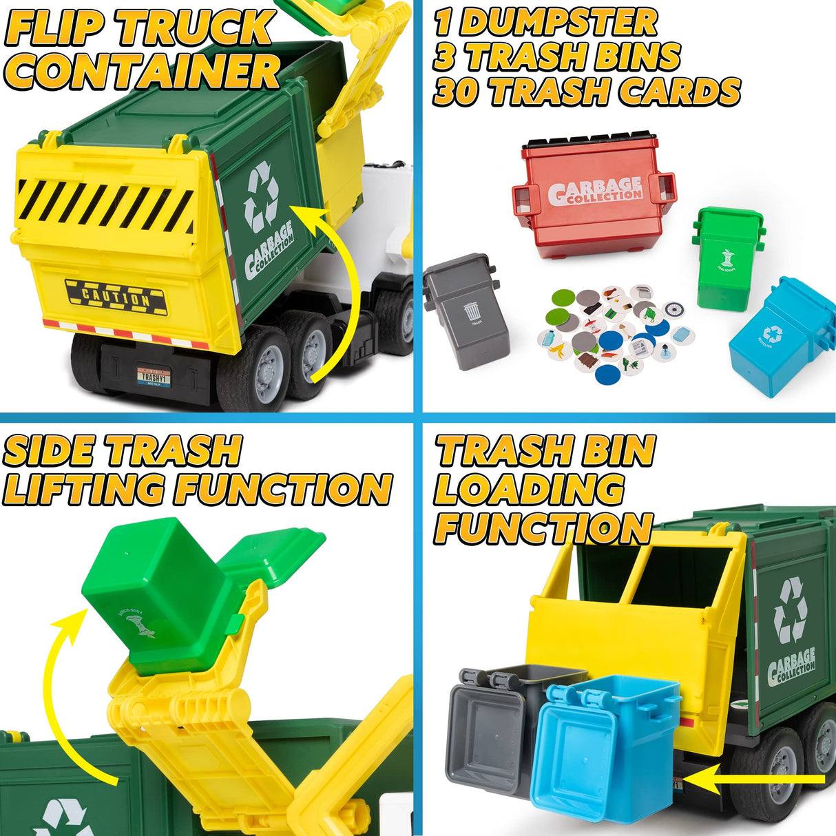 JOYIN Large Friction Powered Garbage Truck Toy Set, Includes Dumpster, Trash Bins, and Learning Cards for Kids, Boy Toys Birthday Gift for Boys Girls Kids Toddler Gift for Christmas