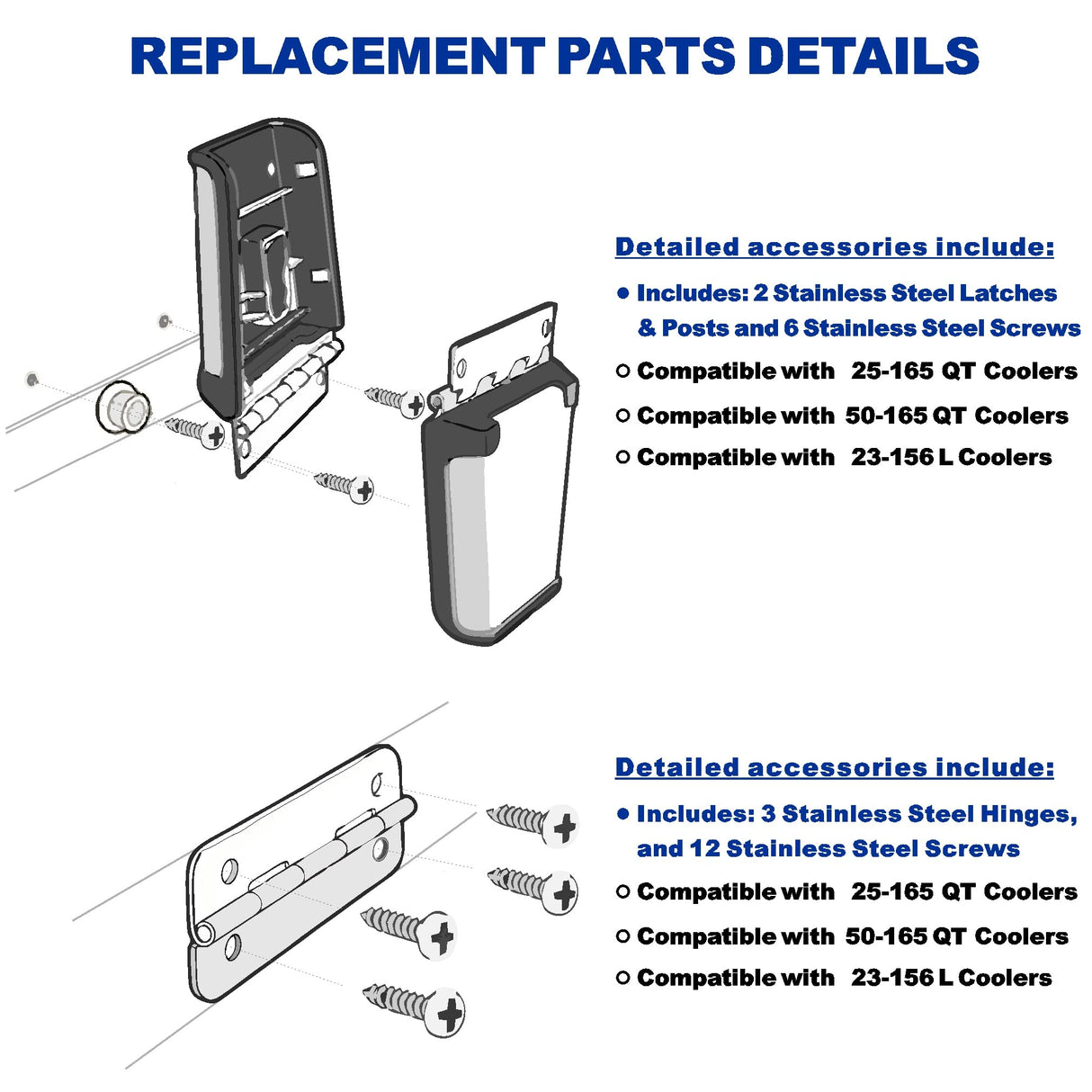 Cooler Stainless Steel Hinge & Latch Set, Ice Chest Hinges, Latch Posts, and Screws, High Strength Cooler Latch Replacement Parts Kit.