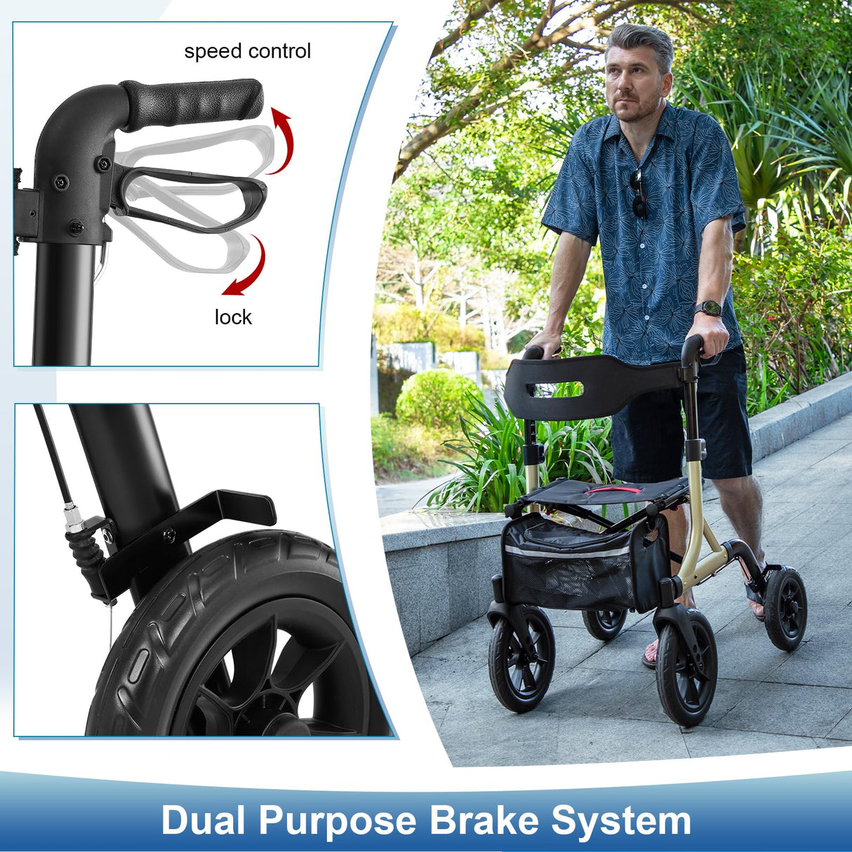 MAXWALK Walkers for Seniors, Rollator Walker with Seat, 12" Big Rubber Wheels All Terrain Rollator Walker with Backrest, Built-in Cable, Cup Holder, Foldable and Height Adjustment for Seniors, Gold