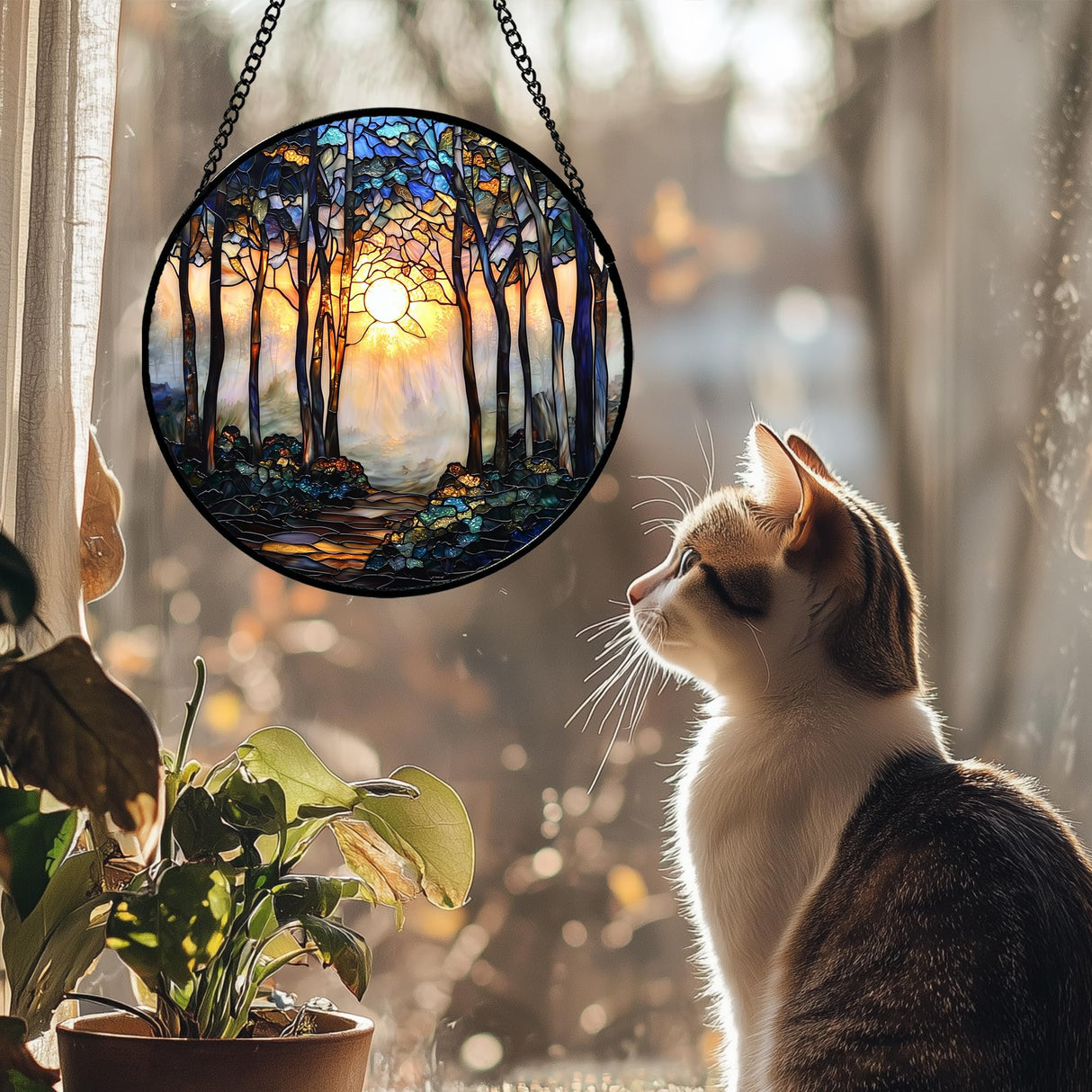 DASTOLL Stained Glass Window Hanging, Forest Sunrise Smoke Blue Brown Tree Suncatcher for Doors Window Home Landscape Sun Catchers Decor Mother's Day Birthday Gifts for Women, Men Mom 6.3 in