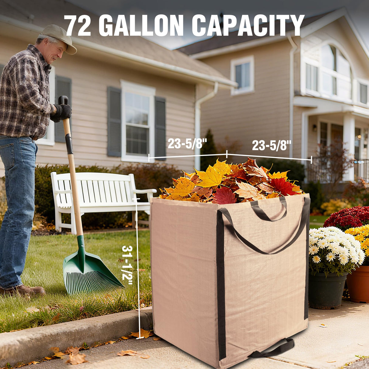 WORKPRO Heavy Duty 72-Gallon Reusable Yard Waste Bags, 3 Pack Self-standing Leaf and Lawn Bags with Reinforced Handles, Garden Waste Bags for Debris, Leaves, Grass, and Outdoor Recycling, Light Tan