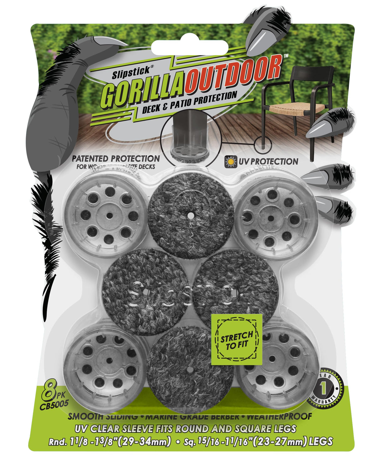 Slipstick GorillaOutdoor Berber Furniture Feet Pads with Clear Sleeve Sock (8 Pack) Outdoor Furniture Sliders for Round & Square Legs, Medium