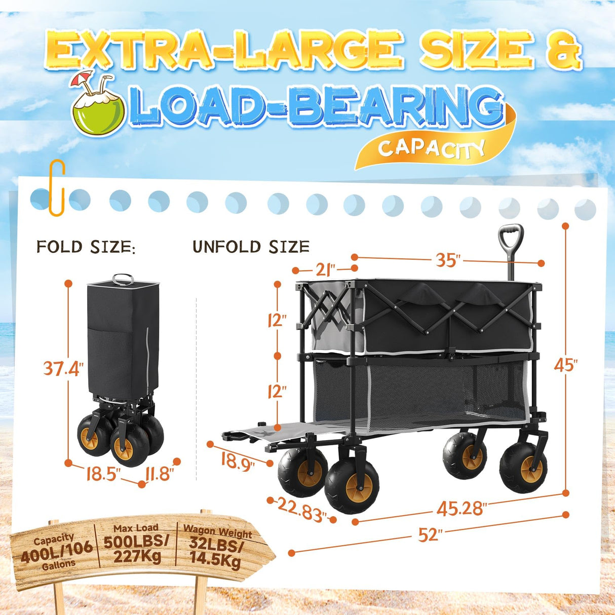 Beach Wagon with Big Wheels for Sand, Double-Decker