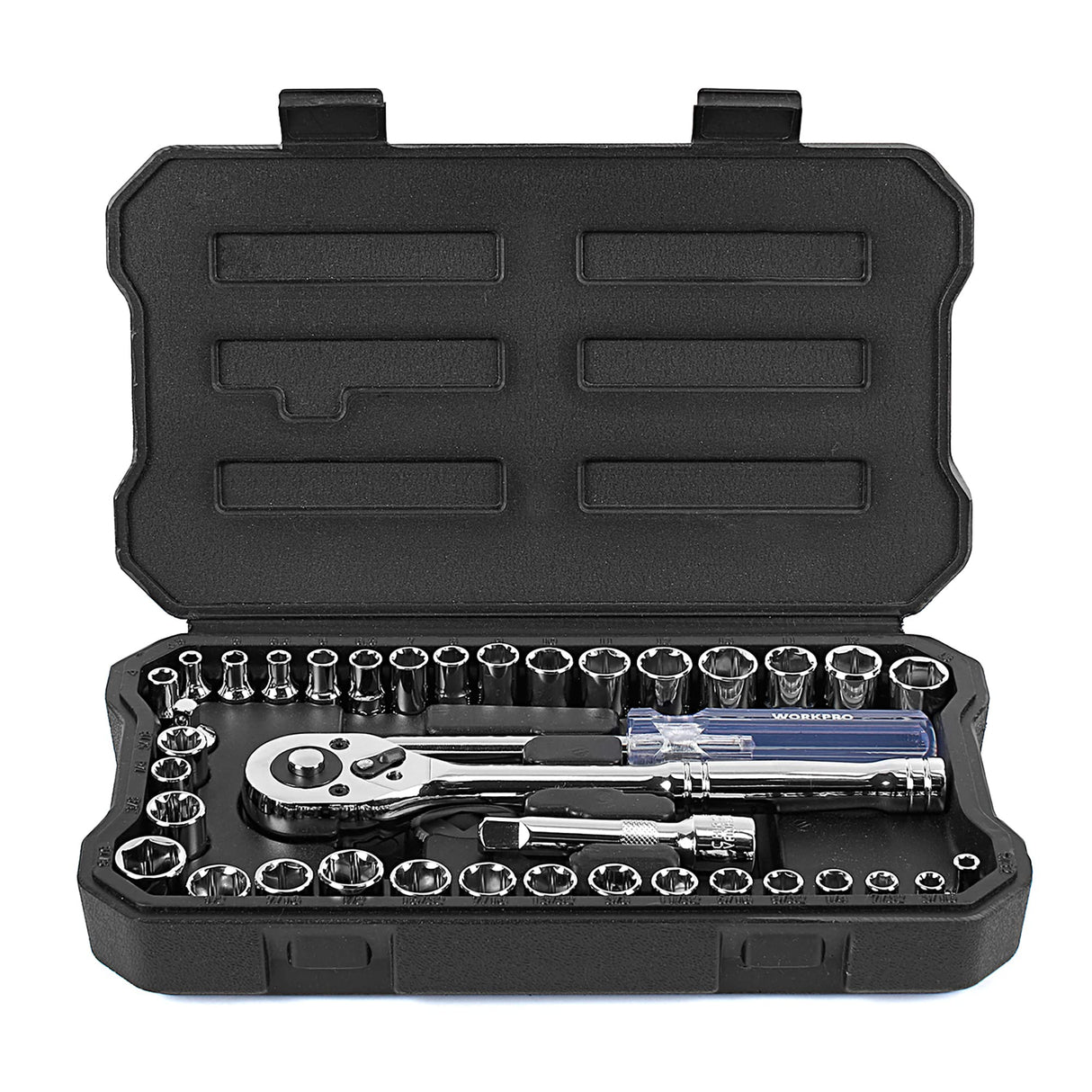 WORKPRO 39-Piece Drive Socket Set 1/4'' & 3/8'', CR-V Metric and SAE Sockets with Quick-Release Ratchet Wrench, Extension Bar, Spinner Handle & Adapter, Compact Mechanics Tool Set for Car Repair
