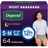Depend Night Defense Adult Incontinence Underwear for Men, Disposable, Overnight, Small/Medium, Grey, 64 Count (4 Packs of 16), Packaging May Vary