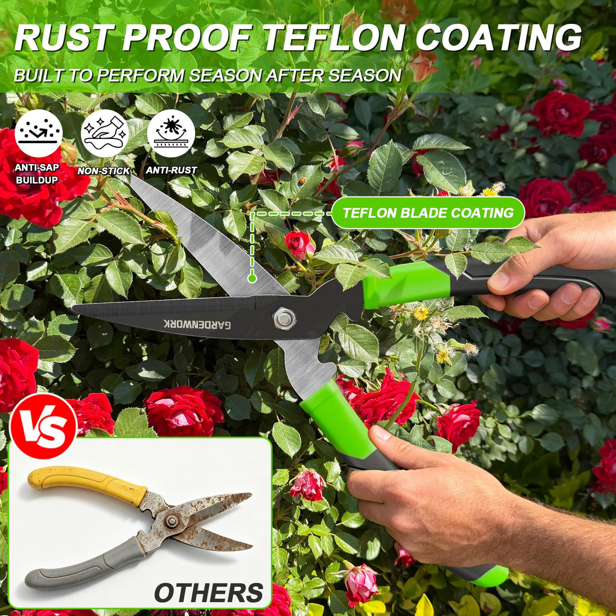 GARDENWORK Hedge Clippers Shears with Teflon Coated,High Carbon Steel Blades,Bush Cutters Trimmer with Comfort Grip Handles,Lightweight 16 in Garden Clippers for Gardening Yard