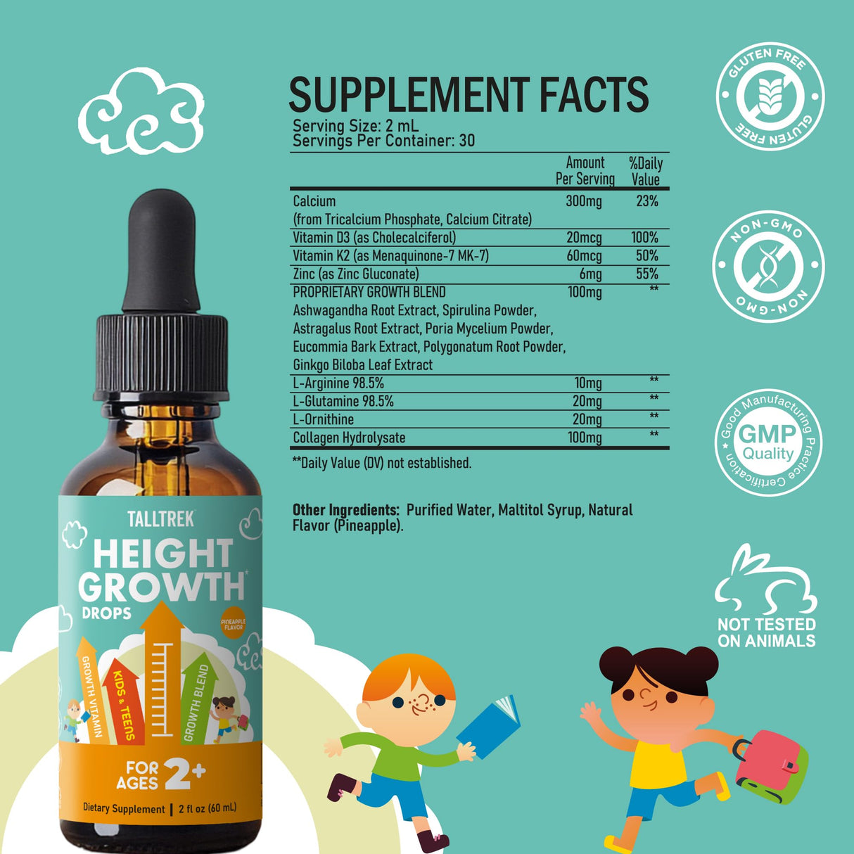 TallTrek Height Growth Supplement Drops for Kids - Teens Bone Growth Height Increase and Maximizer Immune Health Drops with Vitamins D3 K2 Zinc & Calcium - Gluten Free Vegan Pineapple Flavor