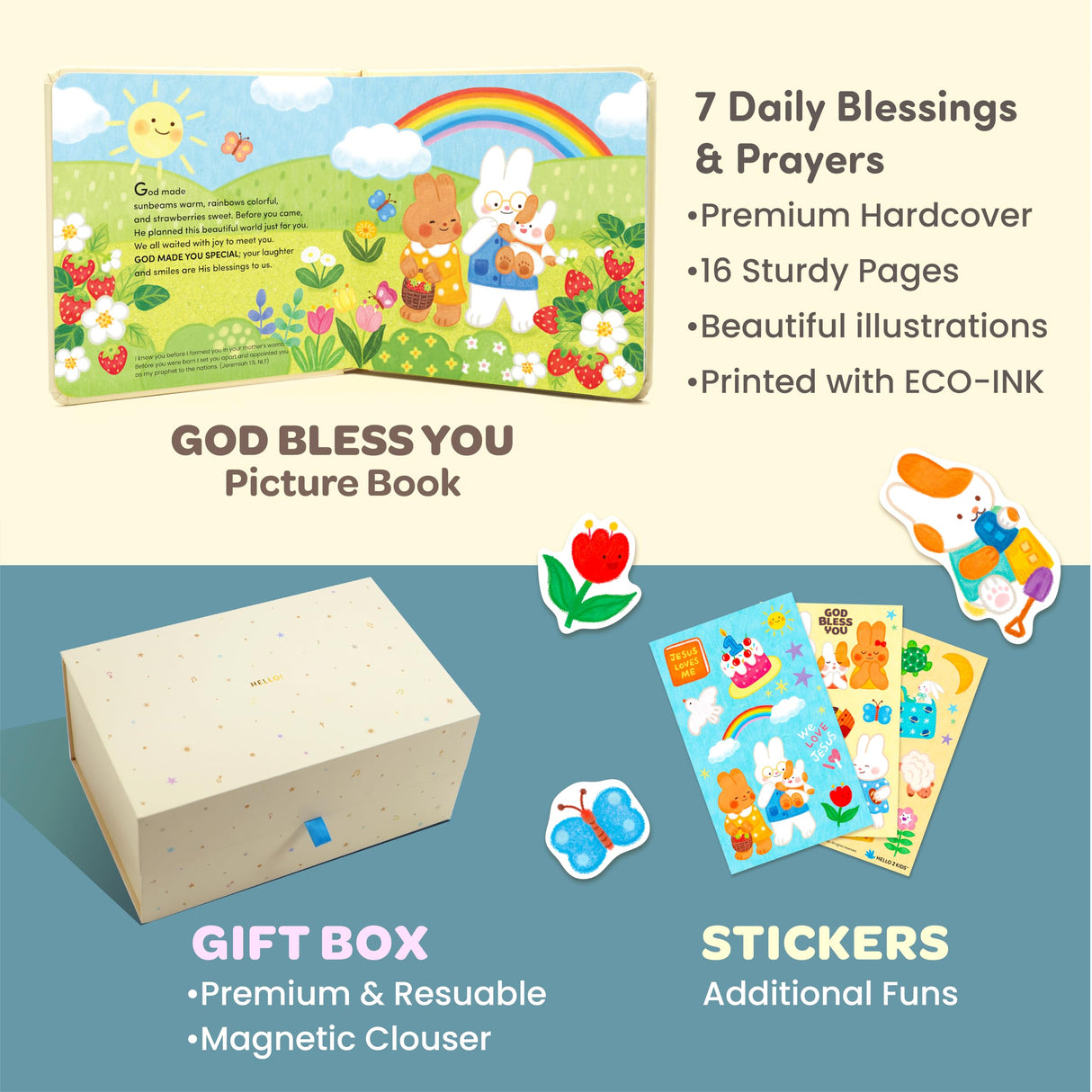 HELLO 2 KIDS Praise Bunny Christian Baby Gift Set – 11” Musical Plush with 3 Bible Songs, Blessing Book, Keepsake Box & Stickers – Perfect Christmas, Baptism, Christening Gift for Boys & Girls