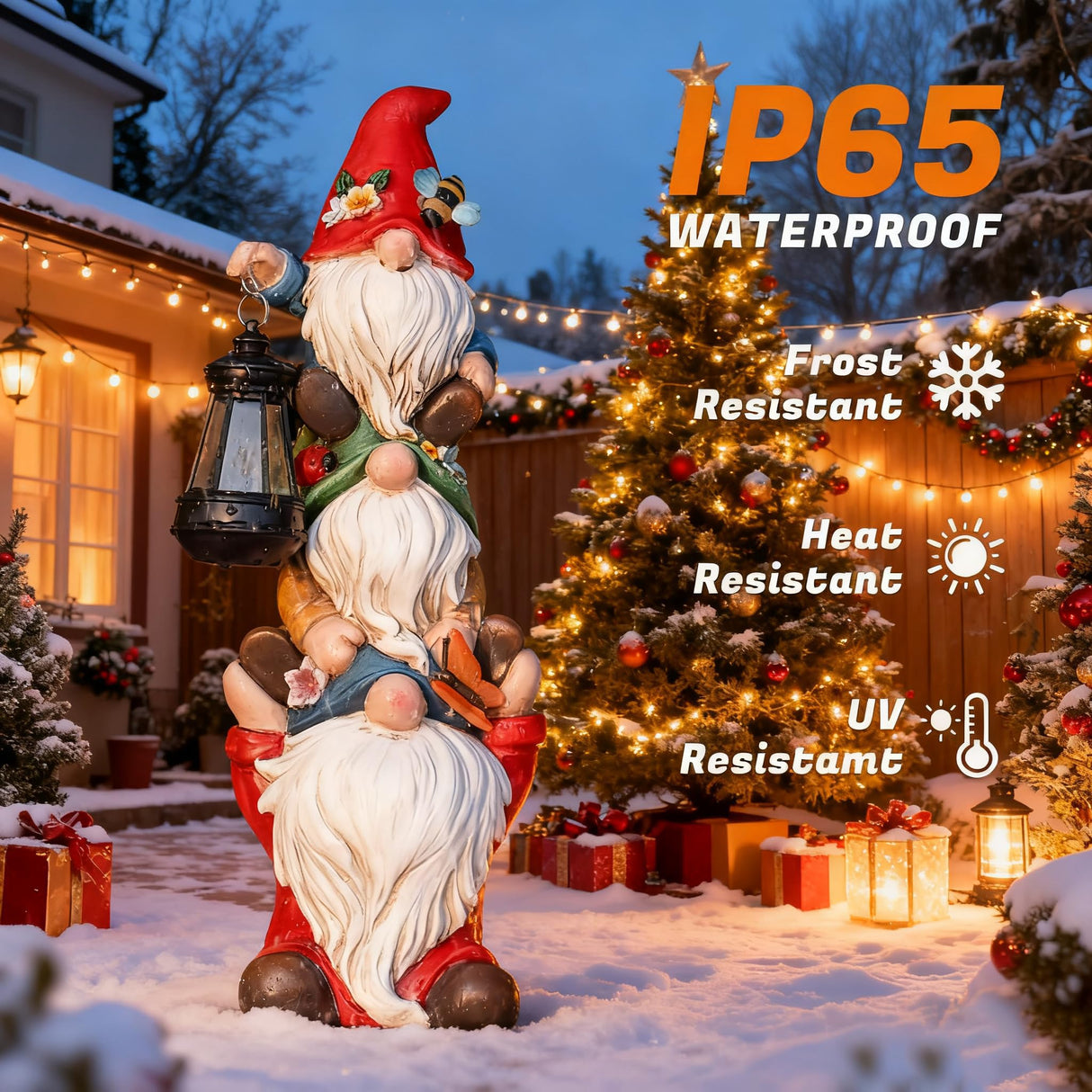 twinbling Christmas Garden Gnome Statue with Solar Lights Garden Sculptures Funny Triple Gnome Outdoor Patio Lawn Yard Balcony Home Decor Birthday Gifts for Women Mom Grandma 12 in Thanksgiving Gnome