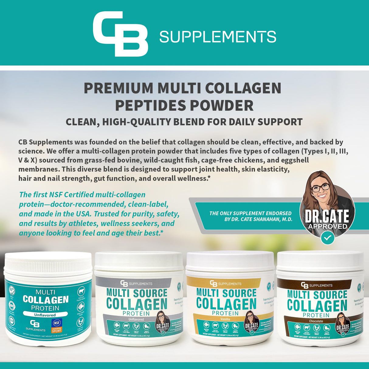 CB Supplements Multi Collagen Protein – Hydrolyzed Collagen for Joint, Skin, Gut, Hair & Nail Health – Vanilla Flavored Powder with Types I, II, III, V & X – Grass-Fed & Clean – 58 Servings