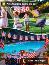 4th of July Decorations, Solar American Flag Lights Outdoor with 8 Modes, 18.8FT 25 USA Flags & 50 Red White and Blue LEDs Patriotic String Lights Waterproof for Independence Day 250th Anniversary