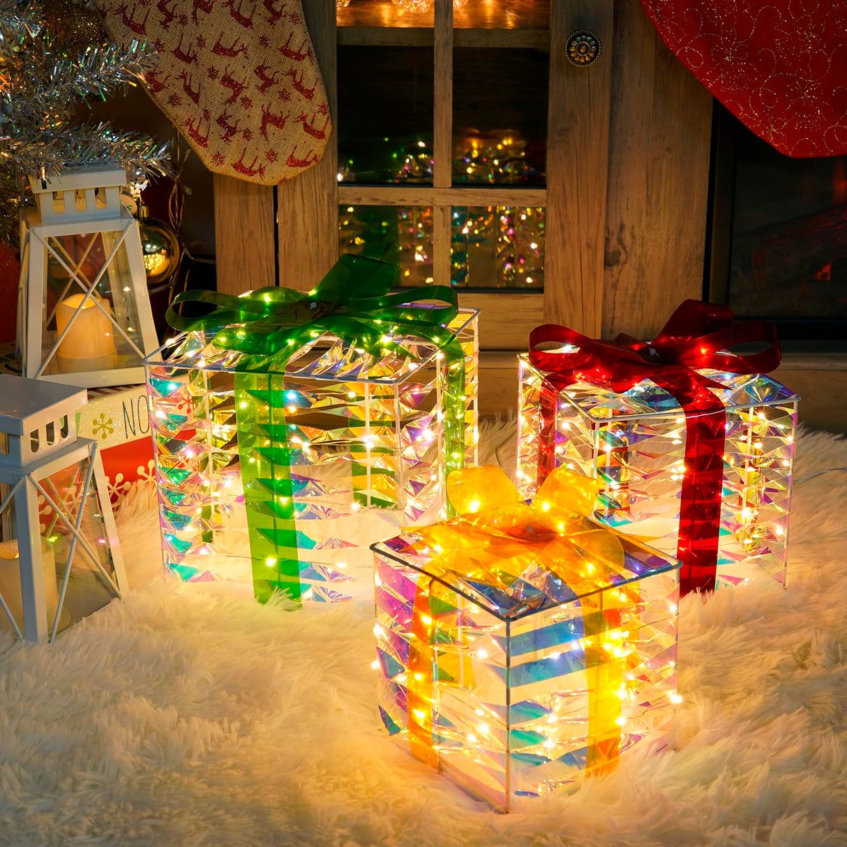 Set of 3 Christmas Lighted Gift Boxes with 140 LED Lights, Plug-in Holiday Decorations for Xmas Tree, Home, Indoor Outdoor Décor