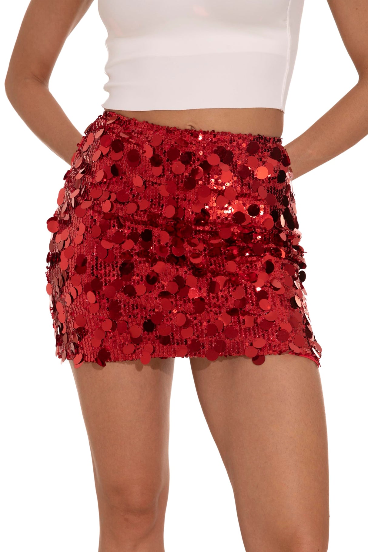 GUANYY Women's Sequin Skirt High Waisted Pencil Mini Glitter Sequence Skirts Halloween Christmas New Year's Eve Racing Red Small