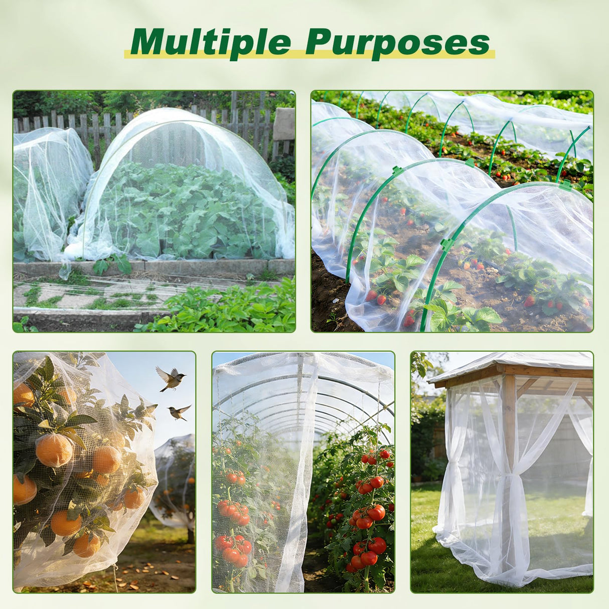 Fippy Garden Netting Kit, 10 X 50FT Garden Netting Pest Barrier with 10 Sets Garden Hoops and 20pcs Clips, Insect Netting Row Cover for Raised Beds Vegetable Fruits Flowers Protection