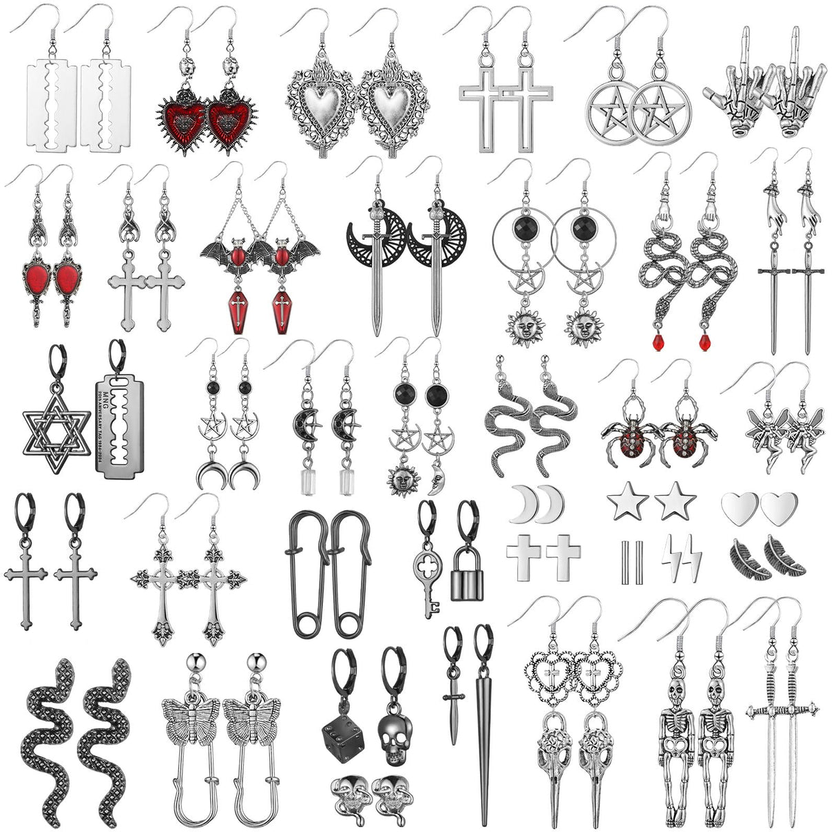 Yinkin 40 Pairs Gothic Earrings Set for Women Men Punk Grunge Y2k Dangle Earrings Bat Cross Snake Skull Goth Jewelry Set(Classic)