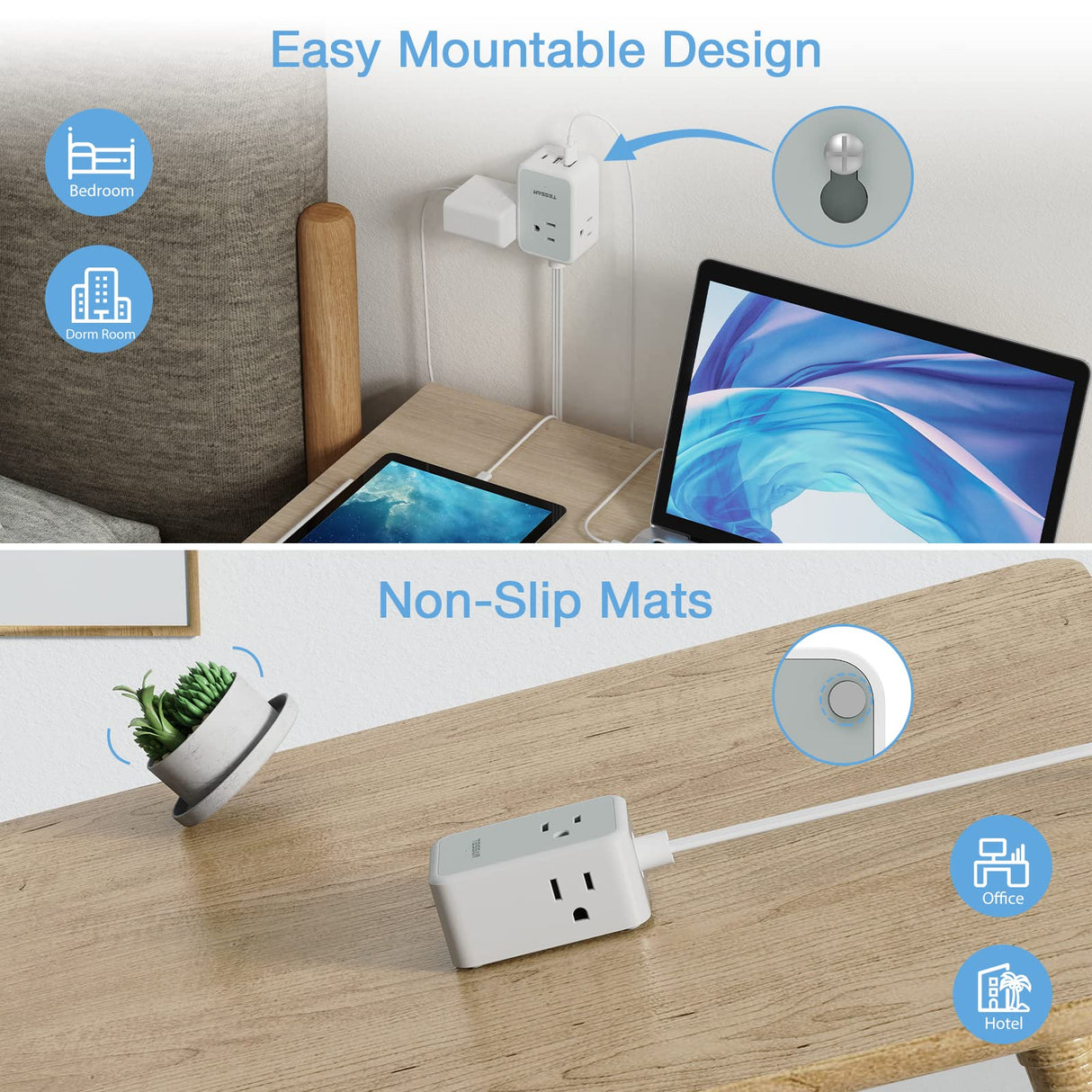 TESSAN Small Flat Plug Power Strip, Ultra Thin Extension Cord 5 ft, 3 AC Outlets with 3 USB Ports (1 USB C), Multiple Wall Outlet Extender for Cruise Travel Office School Dorm Room Essentials
