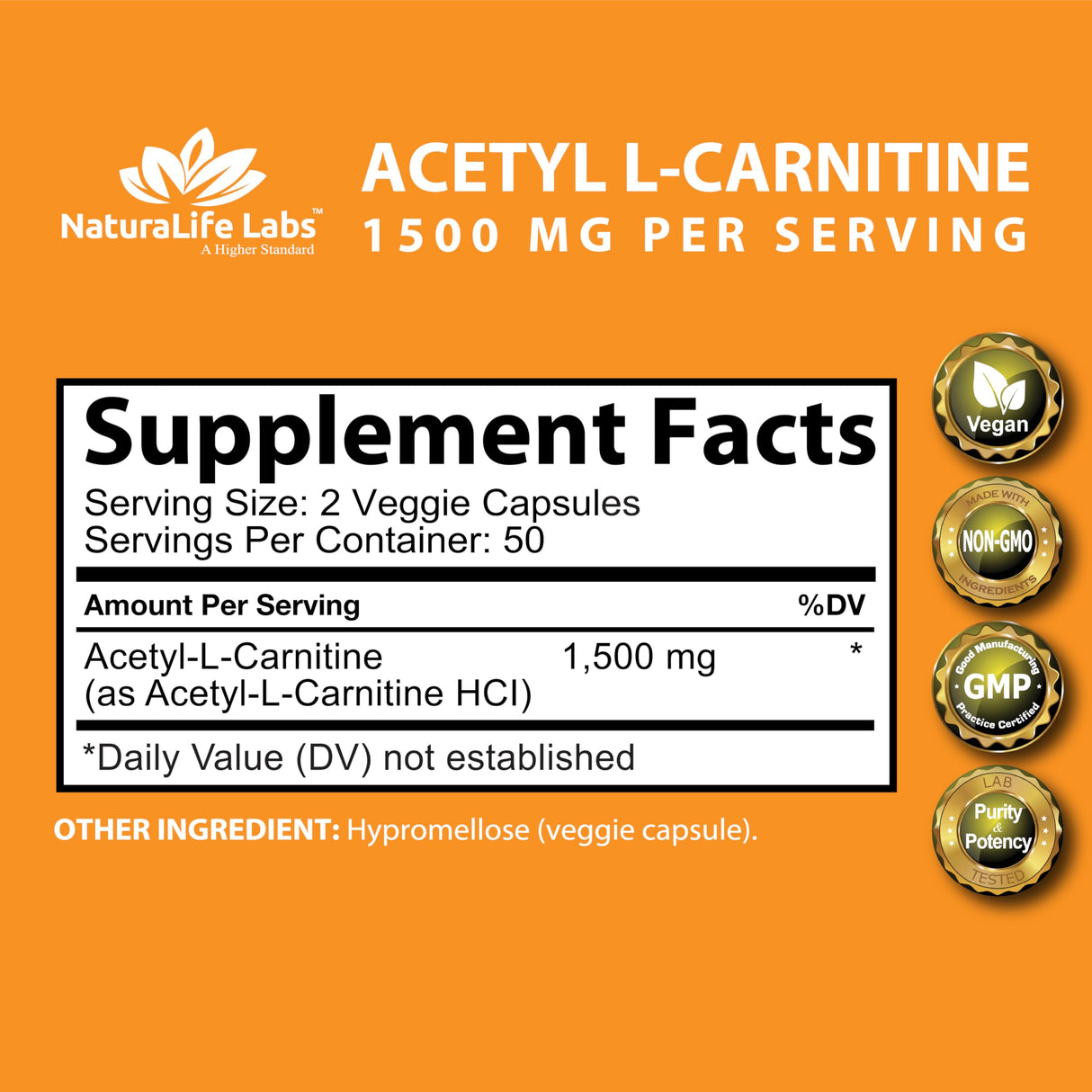 Acetyl L-Carnitine 1,500 mg High Potency Supports Energy Production, Sports Nutrition, Supports Memory/Focus - 100 Veggie Capsules