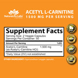 Acetyl L-Carnitine 1,500 mg High Potency Supports Energy Production, Sports Nutrition, Supports Memory/Focus - 100 Veggie Capsules