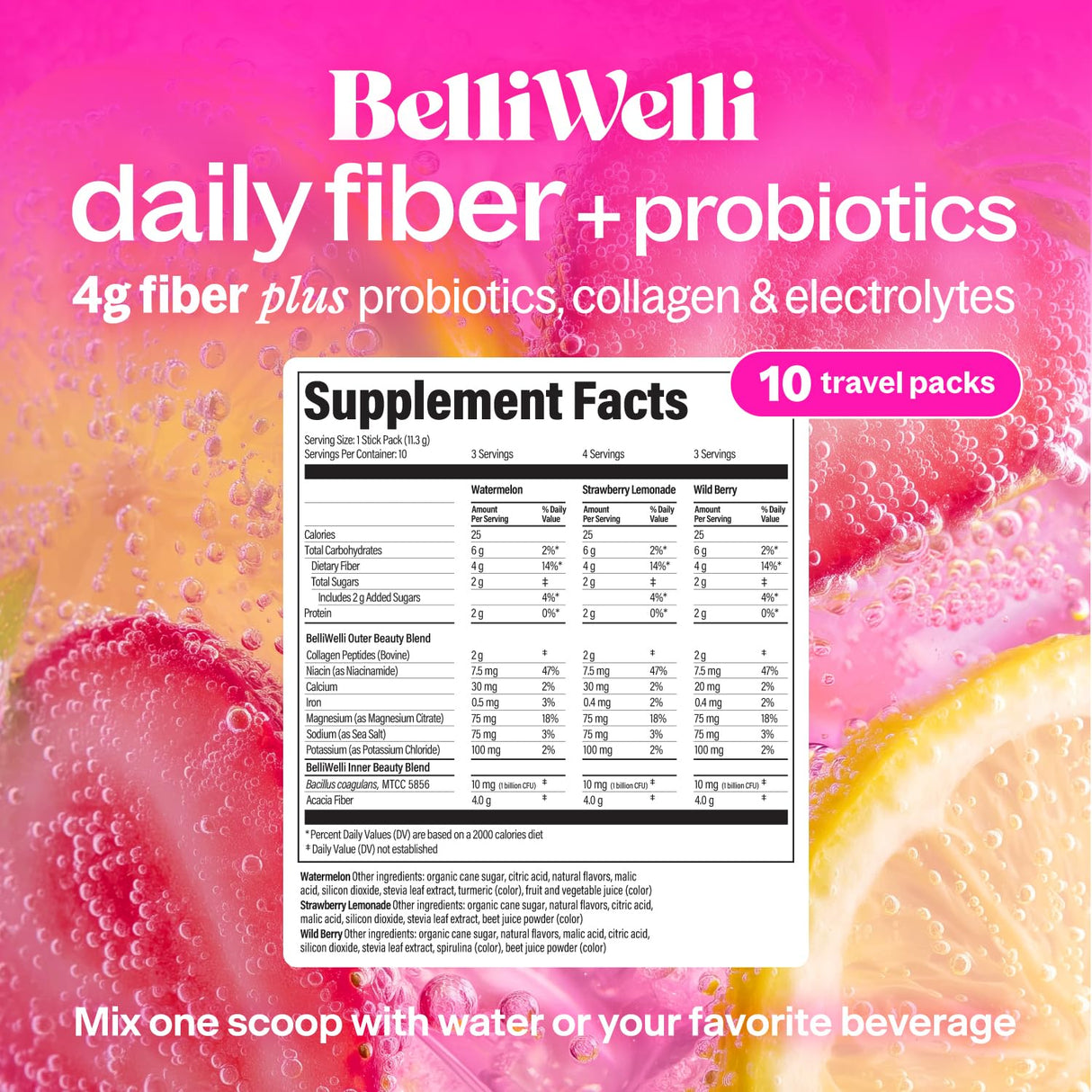 Belli Welli Daily Fiber Supplement Packets with Collagen, Probiotics & Electrolytes | Single Serve Packets for Gut Health, Digestion & Debloating | Variety | 10 Count