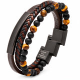 Premium Men’s Bracelet | Leather Bracelet for Men | Beaded Bracelets Black Onyx & Tiger-Eye Beads | Brown Leather Jewelry with Adjustable Stainless-Steel Clasp | Gift Dad Husband Son Boyfriend