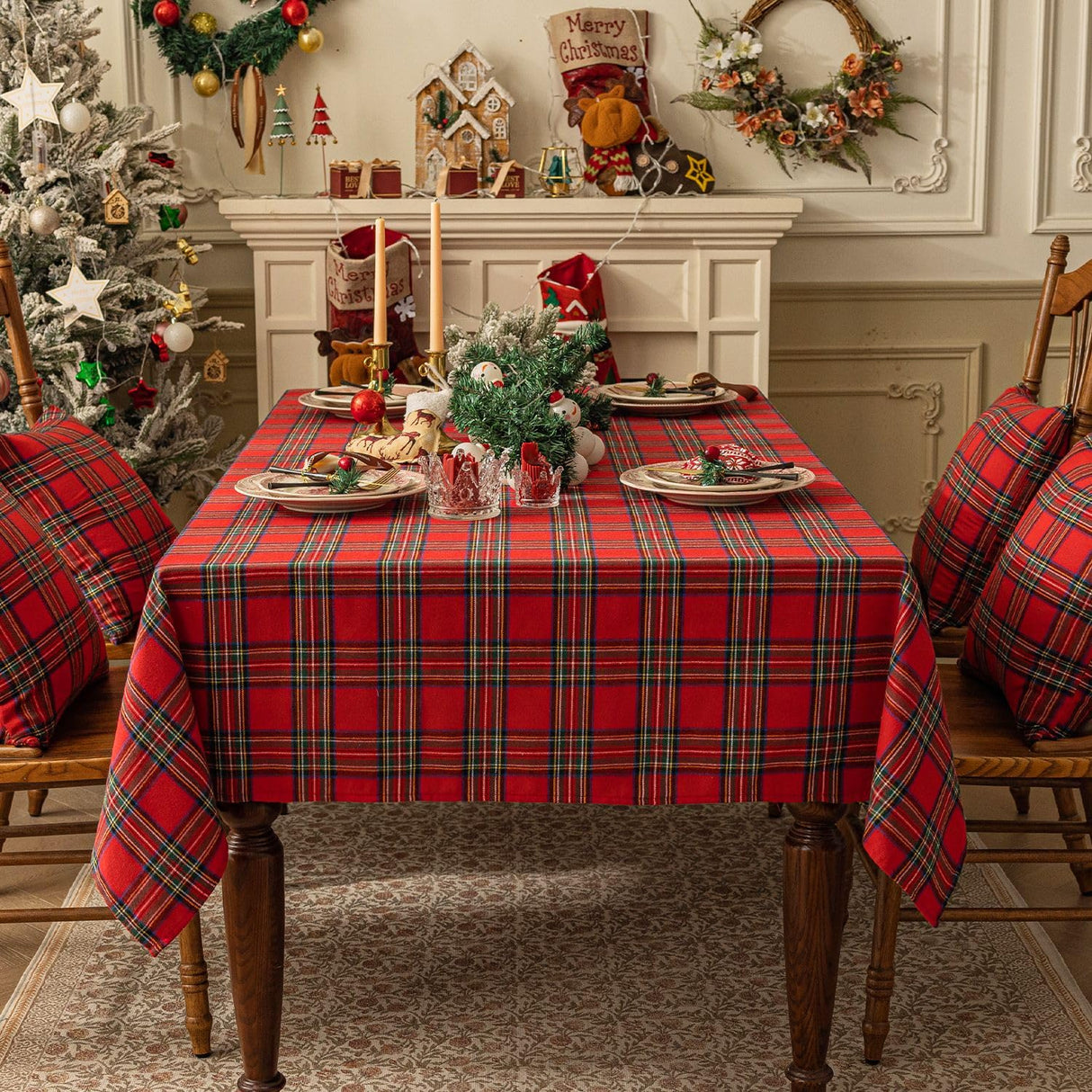 Softalker Christmas Checkered Tablecloth Rectangle - Red Buffalo Plaid Linen Cotton Gingham Xmas Table Cloths, Winter Farmhouse Table Decorations for Dining/Parties/Holiday, 60 x 120 Inch